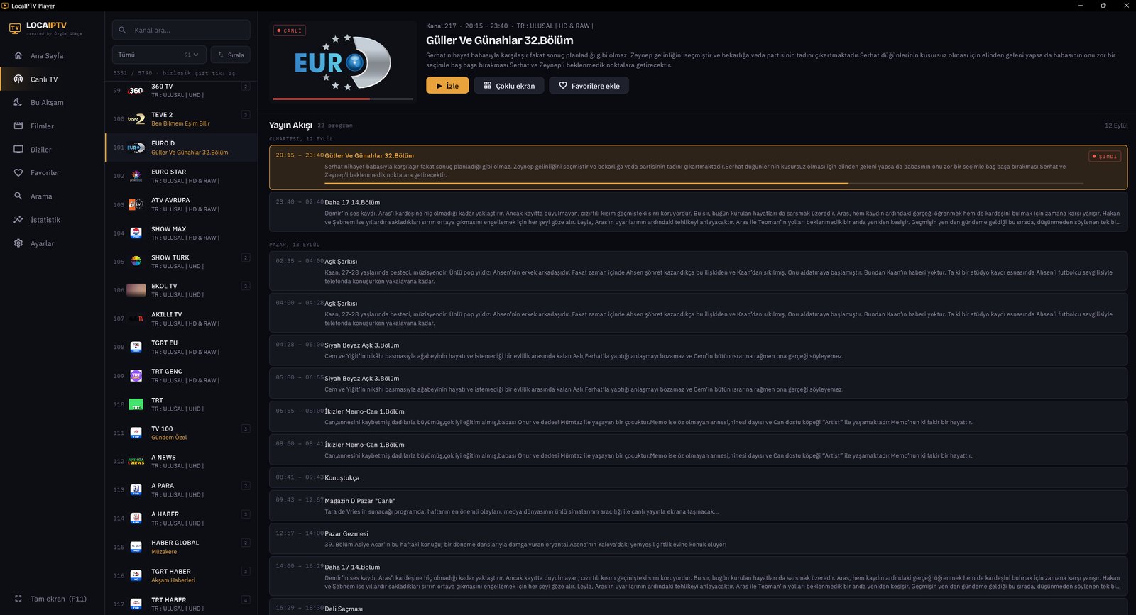 LocaIPTV Player — Canlı TV: kanal listesi, seçili kanalın detayı ve günün yayın akışı